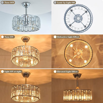 18.2" Silver Crystal Caged Ceiling Fan with Light 4-Lights Modern Flush Mount Fandelier Lights Remote Chrome Crystal Chandelier Ceiling Fan for Bedroom Living Room Dining Room Entry Loft Hallway