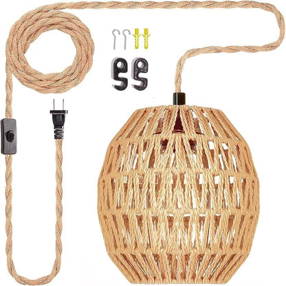 Maliralt Hanging Lamps Rattan Pendant Light Hanging Lights 16.4ft Plug in Cord Pendant Light Fixture Plug Into Wall Outlet Pendant Lighting with On Off Switch for Bedroom Living (Egg Shade)