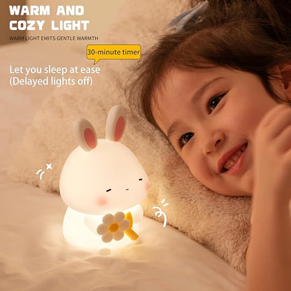 Led Cute Flower Bunny Night Light, Dimmable Timer Kawaii Lamps, Super Squishy Silicone USB Rechargeable Touch Control Night Lamp, Used for Camping Party Room Decor (Bunny with Flower)