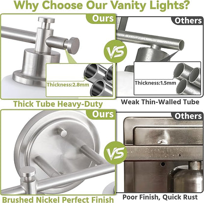 3-Light Bathroom Vanity Light Fixtures, Brushed Nickel Bathroom Wall Sconce, Modern Vanity Light with Milky White Glass Shade Over Mirror, Bathroom, Bedroom, E26 Base, 17 Inch