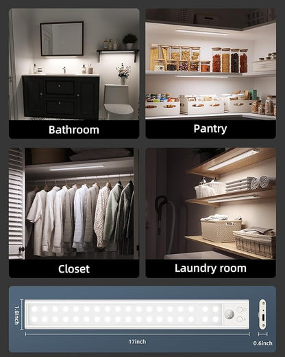 17" Under Cabinet Lights, Motion Sensor Light, Wireless Closet Lights, 3 Color Temps, 4000mAh Rechargeable, Magnetic, Dimmable, 128 LEDs Super Bright Under Counter Lights for Kitchen (2 Pack)