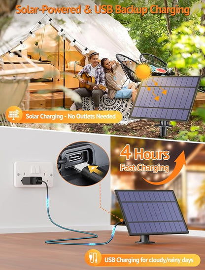 Larkvue 50FT(2x25FT) Solar String Lights Outdoor with Remote, Waterproof Dimmable 3 Modes Patio Lights with 20+2 LED G40 Bulbs for Cafe Bistro-Black