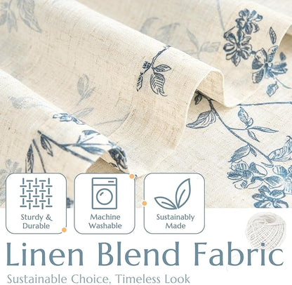 jinchan Floral Linen Kitchen Curtains with Attached Valance 36 Inch Length Farmhouse Cafe Tier Curtains for Living Room Bathroom Rustic Half Window Light Filtering Small Drapes 2 Panels Blue