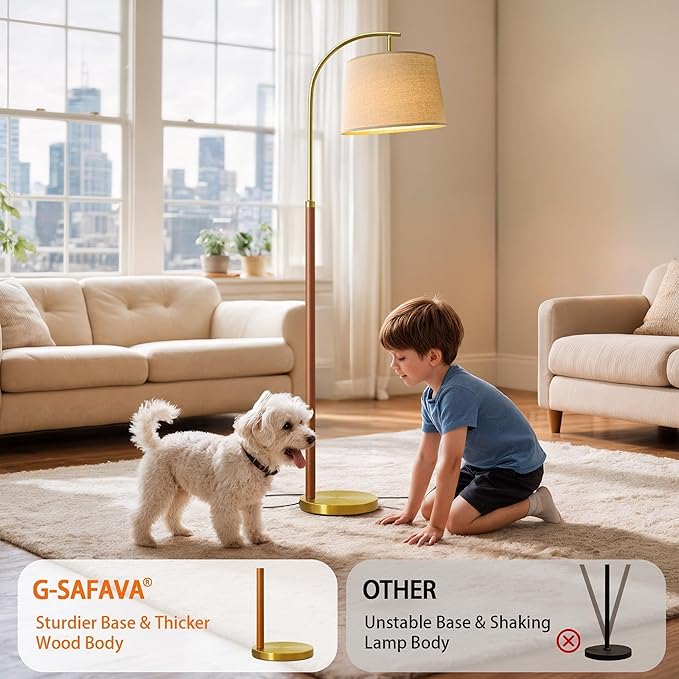 G-SAFAVA Real Wood Floor Lamps for Living Room Bedroom, 62.5" Mid Century Modern Lamp Gold Standing Tall Arc Lamps with Foot Switch, Floor Lamps for Nursery Office Decor Corner Reading Room Light