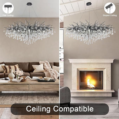 Chandeliers for Dining Room - 47.5" Modern Black Crystal Chandelier, Round Tree Branch Raindrop Chandelier, Foyer Chandeliers for Entryway, Living Room,Bedrooms,Bathroom(Bulb not Included)