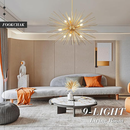 32in Gold Sputnik Chandelier Solid Metal Starburst Chandelier Light Fixture 9-Light Mid-Century Modern Satellite Light Fixture for Living Room Dining Room Foyer Study Room Bathroom,E12