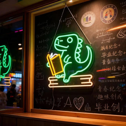 Reading Dinosaur Neon Sign, Book Lover Led Neon Light, Bookish LED Sign, Bookworm Reading Club Light, Kid's Room Decor, Game Room Wall Art, Christmas & Birthday Gifts