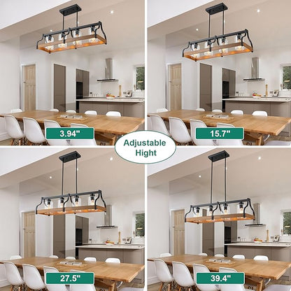 31.5" Farmhouse Chandeliers for Dining Room, 4-Light Kitchen Island Lights for Kitchen with Hand-blown Glass Shade, Faux Wood Black Kitchen Island Lighting Rustic Dining Room Light Fixtures over Table