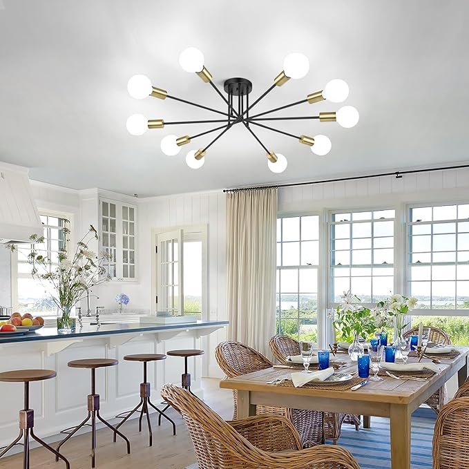 Semi Flush Mount Ceiling Light Fixture, 10-Light Modern Black and Gold Sputnik Chandelier Industrial Ceiling Lamp for Kitchen Dining Room Living Room Bedroom Foyer