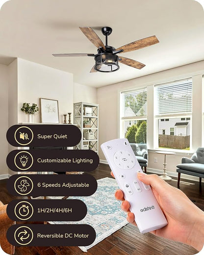 EDISHINE 52" Farmhouse Ceiling Fans with Lights and Remote, 10%-100% Dimmable, 5 Wooden Blades Lighting & Ceiling Fans with Timer, 6 Speeds Reversible DC Motor for Living Room Bedroom, Burnt Wood