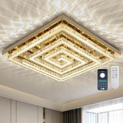 43 inch Gold Crystal Chandelier with Remote/APP Control, 3 Color Temperature Light Fixture & Brightness Adjustable, Modern Flush Mount LED Ceiling Light Fixture for Living Room Kitchen Dining Room