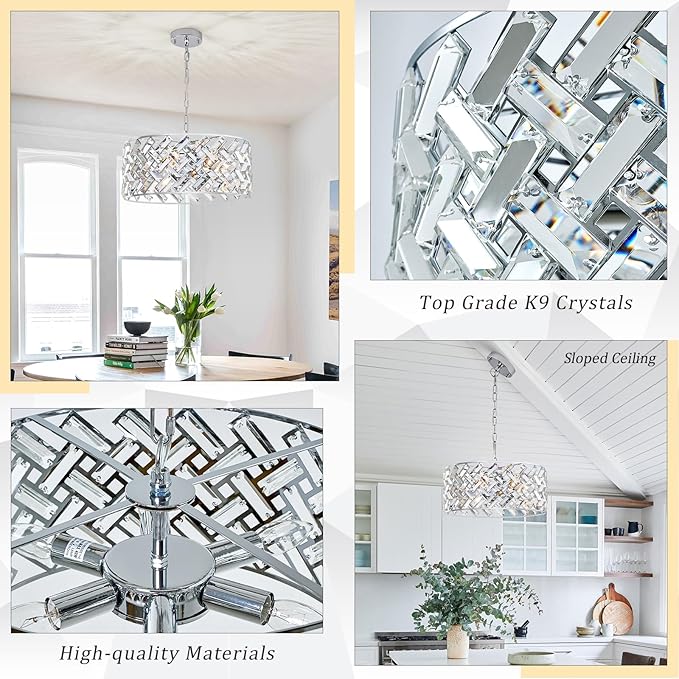 CATINER Chrome Crystal Chandeliers, Modern Semi Flush Mount Ceiling Light, 6-Light Round Crystal Hanging Pendant Light Fixtures, D18” for Dining Room Entryway Kitchen Hallway K9 Crystal