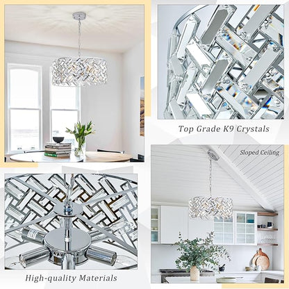 CATINER Chrome Crystal Chandeliers, Modern Semi Flush Mount Ceiling Light, 6-Light Round Crystal Hanging Pendant Light Fixtures, D18” for Dining Room Entryway Kitchen Hallway K9 Crystal