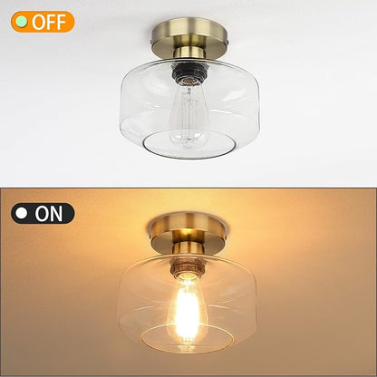 MAXvolador Industrial Semi Flush Mount Ceiling Light Brass, Clear Glass Pendant Lamp Shade, Farmhouse Lighting Hallway, Vintage Hanging Light Fixture