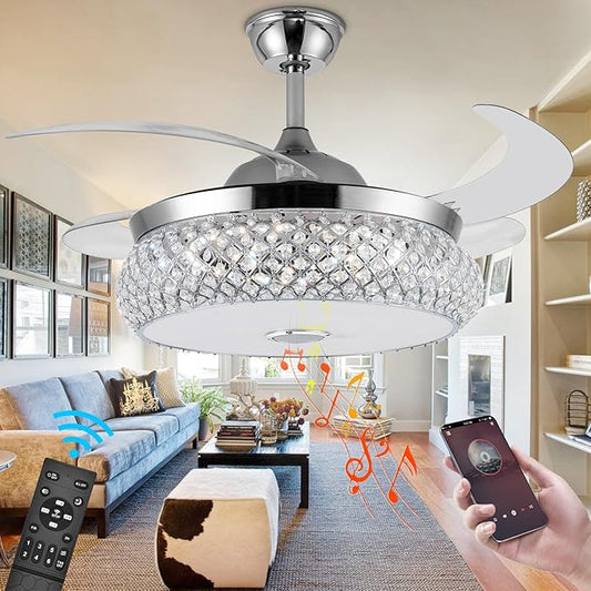 42" Invisible Ceiling Fan Chandelier with Light and Bluetooth Speaker,Modern 3 Color Change Crystal Ceiling Fan Light Remote Control 4 Retractable ABS Blades for Bedroom