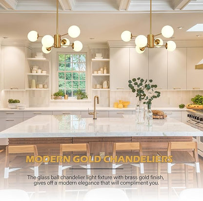 Bagood 6-Light Globe Sputnik Chandelier Milk Glass Modern Gold Chandelier Light Fixture Mid Century Sputnik Chandeliers Pendant Light Frosted Globe Adjustable Hanging Ceiling Light for Entryway