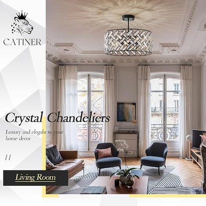 Crystal Ceiling Light Black Modern Chandelier 18" Pendant Light 6-Light Convertible Semi Flush Mount Lighting Drum Semi Flush Mount Hanging Drum Shade for Kitchen Island Dining Room Bedroom Hallway