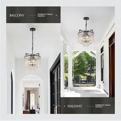 13.4" Small 4-Light Modern Glass Chandelier Light Fixtures Mini Black 2-Tier Crystal Chandeliers for Dining Room Round Hanging Ceiling Pendant Lighting for Kitchen Island Entryway Hallway