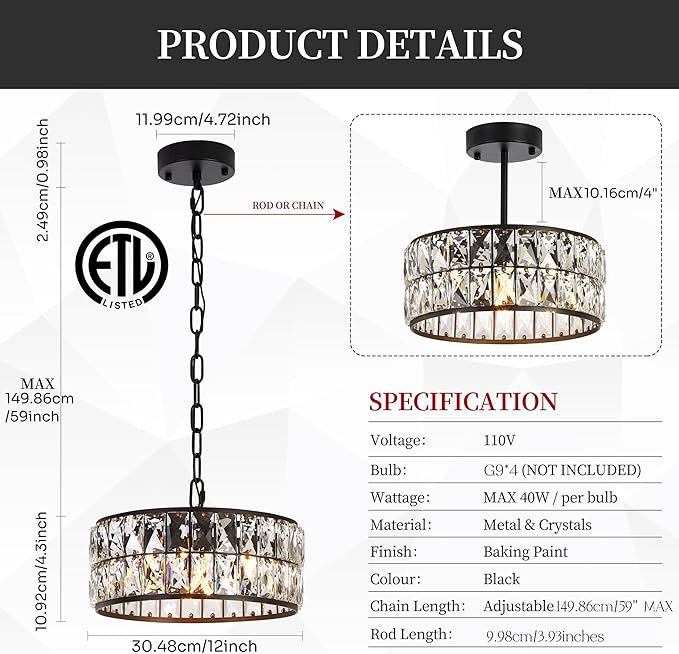 Modern Black Crystal Pendant Light 4-Light,Crystal Small Chandelier,12-Inch Small Round Semi Flush Mount Ceiling Light for Kitchen Island & Entryway