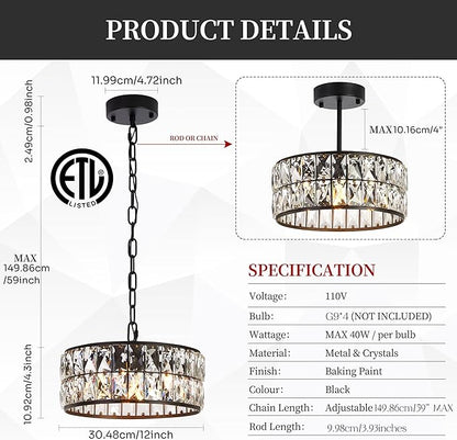 Modern Black Crystal Pendant Light 4-Light,Crystal Small Chandelier,12-Inch Small Round Semi Flush Mount Ceiling Light for Kitchen Island & Entryway