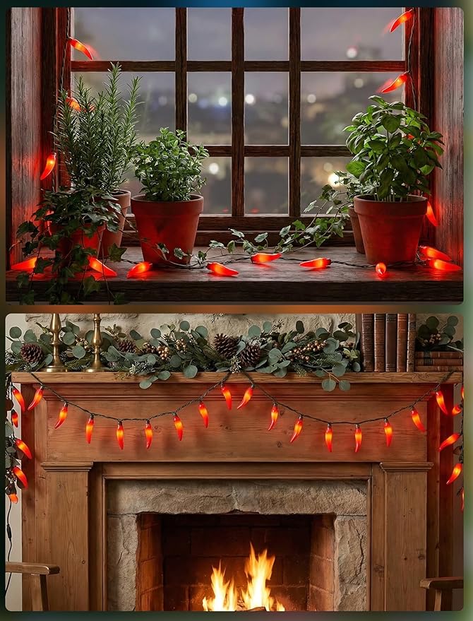 35 LED Red Chili Pepper Christmas Lights, 13.6Ft Outdoor String Lights with Warm White Bulbs, Plug in Fairy Lights for Indoor Party Kitchen Patio Garden Decor, Cook Off Decorations for Cinco De Mayo