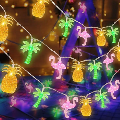 Olixmlya 30 LED [ 8 Modes & Timer ] 16Ft Summer Tropical Beach Hawaiian String Lights Tropical Flamingo Pineapple Palm Tree Fairy Lights Battery Operated for Party Beach Pool Summer Decor
