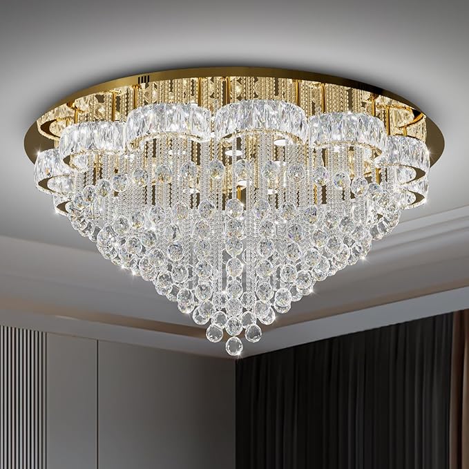 Flashing God 48inches Gold Crystal Chanderliers for Living Room Entryway Modern Crystal Folwer Ceiling Light for Foyer Interior LED Dimmable Lighting 2700k 4500k 6000k