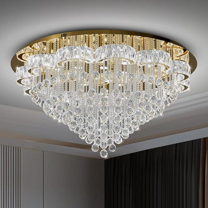 Flashing God 48inches Gold Crystal Chanderliers for Living Room Entryway Modern Crystal Folwer Ceiling Light for Foyer Interior LED Dimmable Lighting 2700k 4500k 6000k