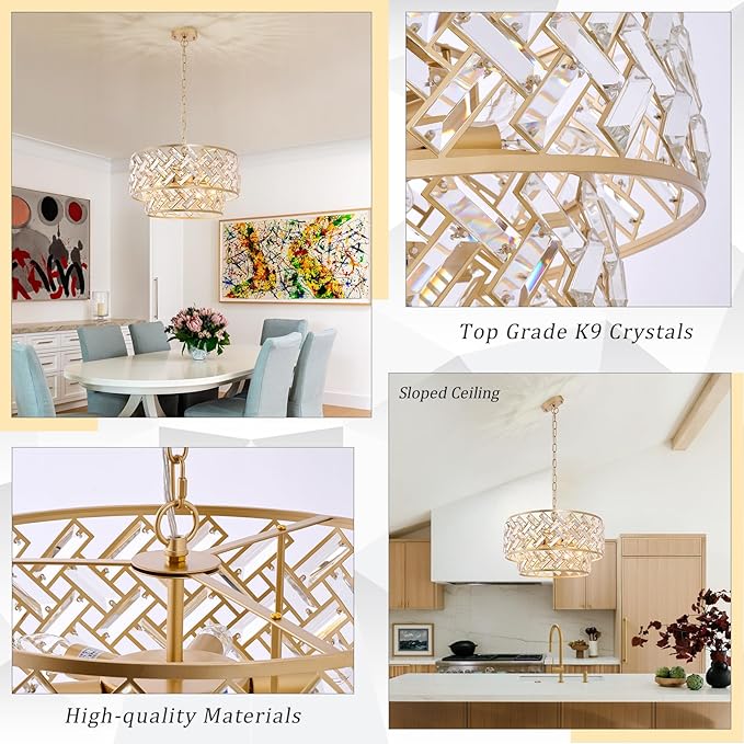 CATINER 20'' Modern Gold Crystal Chandelier Luxury Semi Flush Mount Ceiling Light Fixtures 6-Lights Round Crystal Pendant Chandelier for Dining Room Foyer Living Room Bedroom