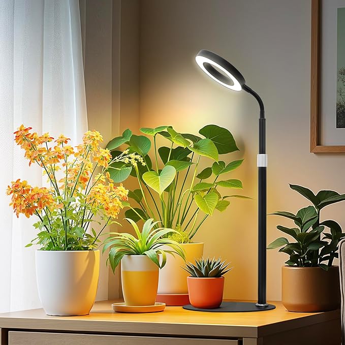 Desk Grow Lights for Indoor Plants, Red Blue Full Spectrum Desktop LED Plant Growing Lamps, Height Adjustable 13.7-24.2inch, 3/9/12H Auto Timer,10 Levels Dimmable, Black Table Growth Light