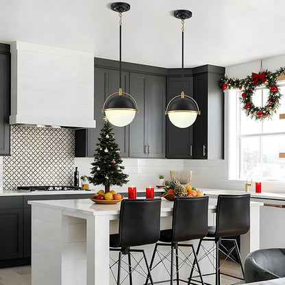 9.5 Inch Black and Gold Globe Pendant Lights Kitchen Island, Mid Century Modern Pendant Light Fixtures with Milk Glass Lampshade, Adjustable Pendant Lights for Dining Room Cafes Restaurants
