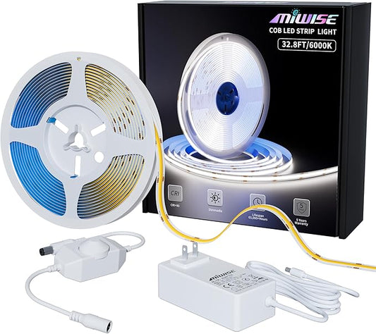 MIWISE COB LED Strip Light 32.8ft/10m,CRI 90+ Daylight White 6000K High Lumen Dimmable Super Bright Flexible DC24V LED Tape Light with Controller/Dimmer,for Cabinet Home Office DIY Lighting Projects