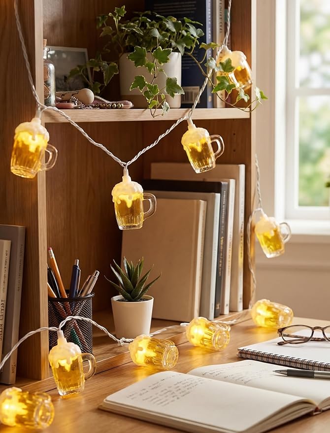Beer Mug Outdoor String Lights, Hawaiian Decor Lights, 8.5Ft LED Tropical Beach Camping String Lights Plug in with 10 3D Beer Cup Bulbs, Summer Decor for Tent Holiday Party Garden Cinco de Mayo
