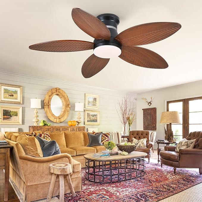 Tropical Palm Leaf RGB Ceiling Fans with Lights 46”, Brown Flush Mount Ceiling Fan with Light and Remote, 3CCT Dimmable LED&&Side RGB Light, Reversible 6 Speeds, Quite Low Profile Ceiling Fan Party