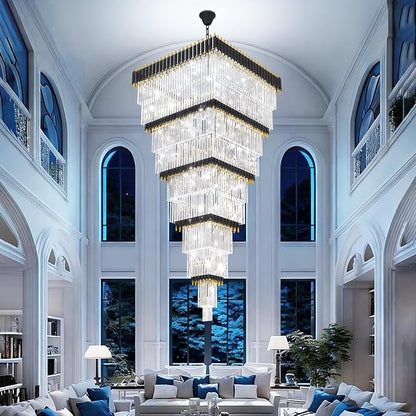 W40 x H120 Large Black Gold Chandeliers for High Ceiling, 37-Light Square Tiered K9 Crystal Raindrop Chandelier, Adjustable Height Luxury Pendant Light for Staircase, Villa Foyer, Entryway
