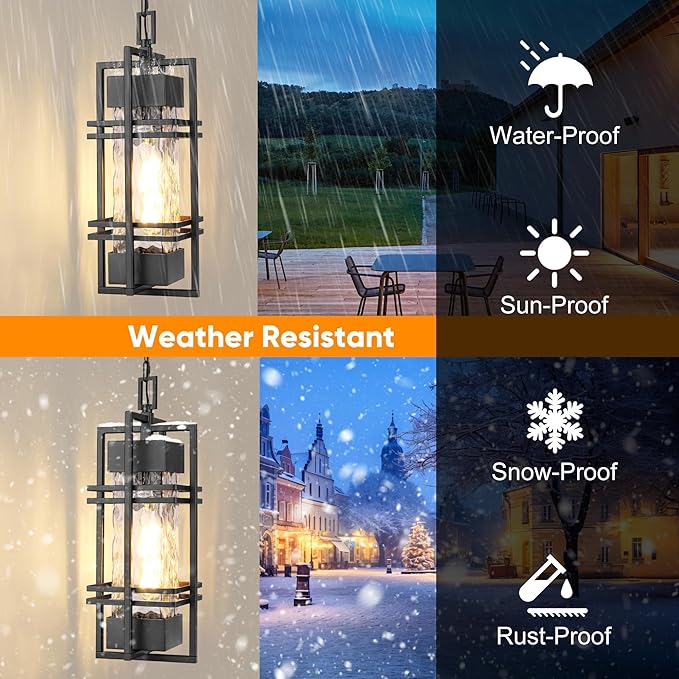 WIHTU Large Outdoor Pendant Light Fixture, Modern Hanging Lantern Ceiling Mount, Anit-Rust Waterproof Chandelier Lighting Exterior with Stone Bubble Glass for Porch, Garage, Gazebo, Patio