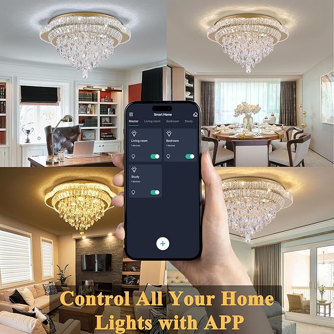 24" Gold Crystal LED Ceiling Light with Remote Control,Flush Mount Chandelier with 3-Color Dimmable for Living Room Bedroom Dining Room Hallway - Modern Flower Design