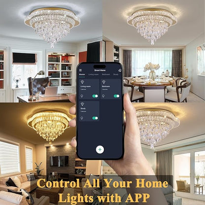 24" Gold Crystal LED Ceiling Light with Remote Control,Flush Mount Chandelier with 3-Color Dimmable for Living Room Bedroom Dining Room Hallway - Modern Flower Design