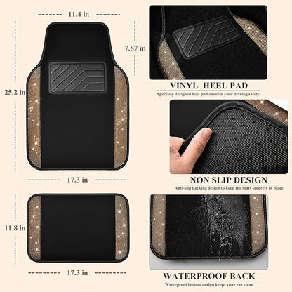 CAR PASS Bling Diamond Car Floor Mats, Shining Rhinestone Carpet Sparkly Glitter Crystal with Anti-Slip PVC Heel Pad Waterproof Universal Fit Automotive SUV,Sedan,Van,Cute Girl Women,4pcs Golden