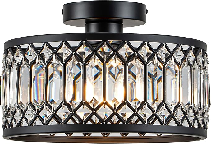 Rpzloila Crystal Ceiling Light Fixture, Modern Flush Mount Ceiling Light, Black Crystal Chandelier for Kitchen Bedroom Bathroom Entryway Hallway