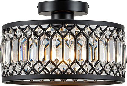 Rpzloila Crystal Ceiling Light Fixture, Modern Flush Mount Ceiling Light, Black Crystal Chandelier for Kitchen Bedroom Bathroom Entryway Hallway