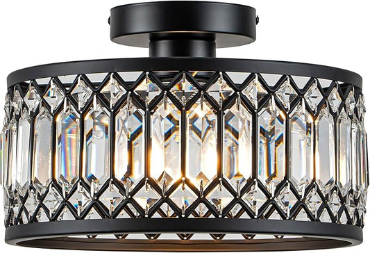 Rpzloila Crystal Ceiling Light Fixture, Modern Flush Mount Ceiling Light, Black Crystal Chandelier for Kitchen Bedroom Bathroom Entryway Hallway