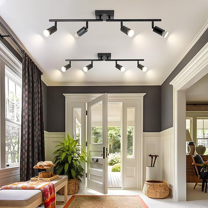 4-Light GU10 Track Lighting, Black Adjustable Ceiling Spot Light Kit, Industrial Flush Mount LED Track Light for Kitchen, Hallway, Living Room