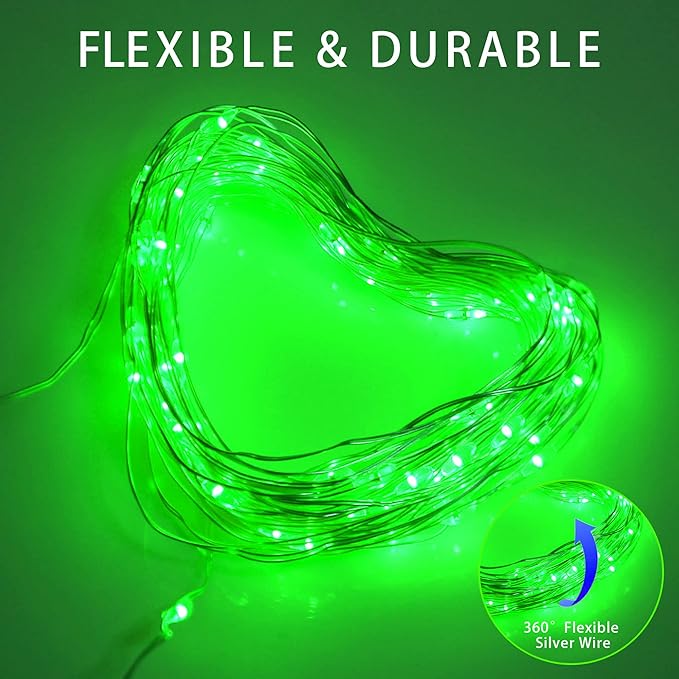 Green Solar Fairy String Lights Outdoor, 2 Pack Each 100LED 8 Modes Copper Wire Lights Christmas Decorations IP67 Waterproof for Garden, Patio, Fence, Balcony