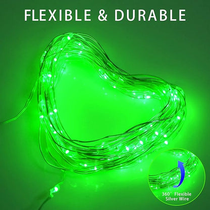 Green Solar Fairy String Lights Outdoor, 2 Pack Each 100LED 8 Modes Copper Wire Lights Christmas Decorations IP67 Waterproof for Garden, Patio, Fence, Balcony
