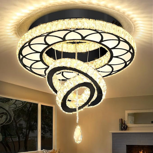 Flashing God Dia 20" Modern Crystal Chandelier Flush Mount Chandeliers LED Dimmable Bedroom Chandelier Crystal Ceiling Light for Dining Room Living Room Foyer Black