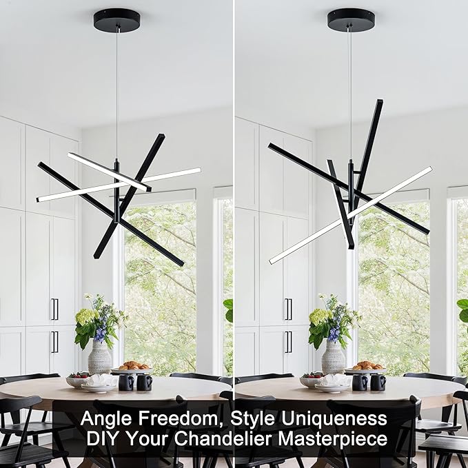 Modern LED Chandelier Linear Pendant Light Dimmable 4 Lights Linear Chandelier 3000K,4000K,6000K Hanging Pendant Lighting for Kitchen Island Living Dining Room Restaurant Office (Black)