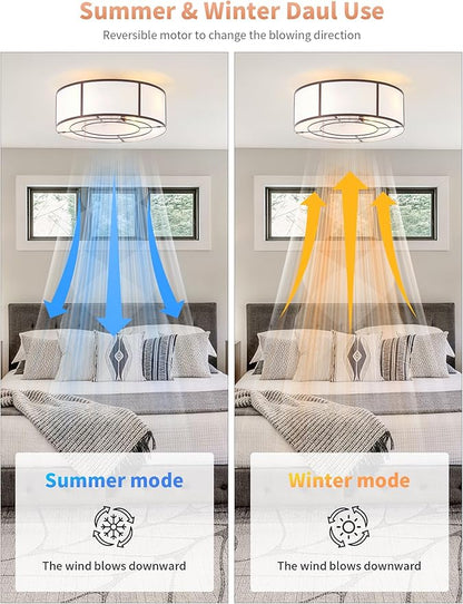 Low Profile Ceiling Fans with Lights, 20" Flush Mount Ceiling Fan with Light, Brown and White Boho Bladeless with 6 Speeds Remote Control for Bedroom, Nursery, Living Room