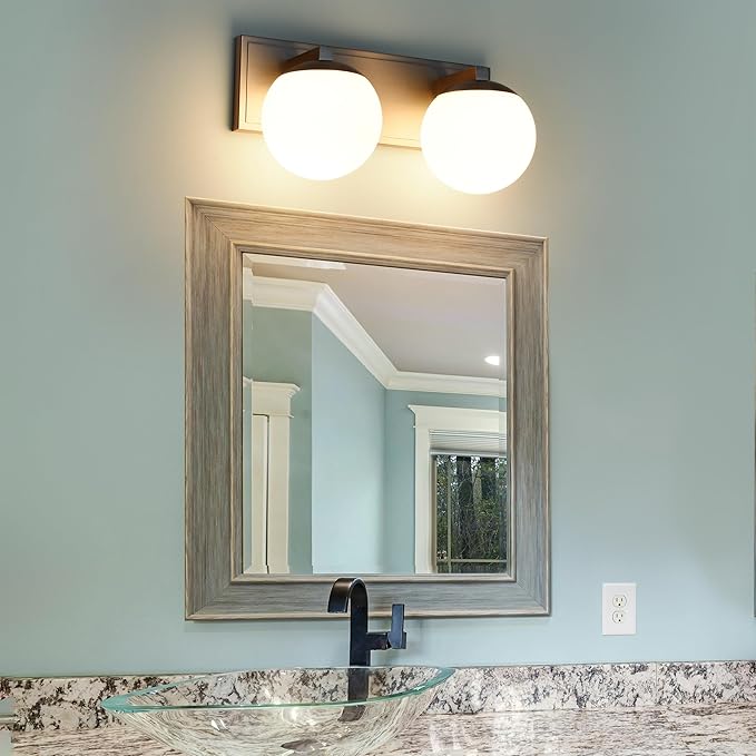 Bathroom Vanity Light Fixtures, 2-Light Globe Bathroom Lighting Fixtures Over Mirror, Modern Wall Lights for Living Room, Long Backplate, Standard E26 Base, Brushed Nickel