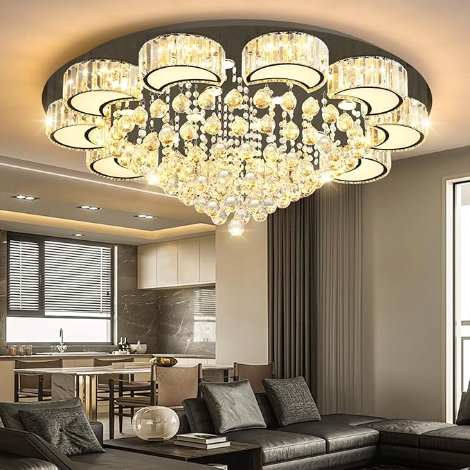 40" Black Modern Crystal Chandeliers for Dining Room LED Dimmable Light Fixtures Flush Mount Light Living Room Bedrooms